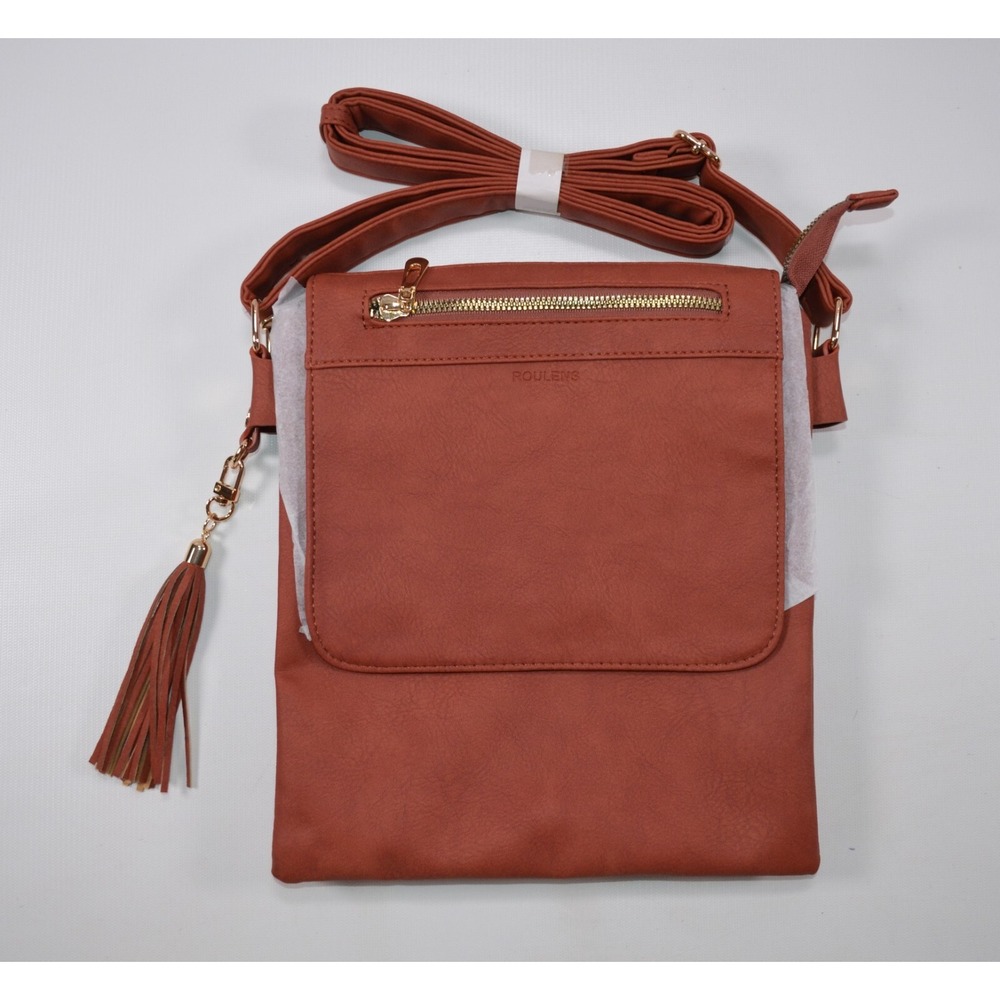 Roulens Faux Leather Crossbody Reddish Brown‎ Soft Purse w/ Tassel Pockets